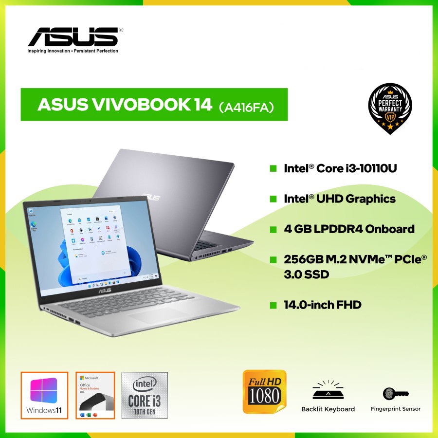 ASUS VivoBook 14 A416MA - N4020 DDR4 4GB 256GB 14&quot; INTEL HD W10 OHS - 14&quot; FHD