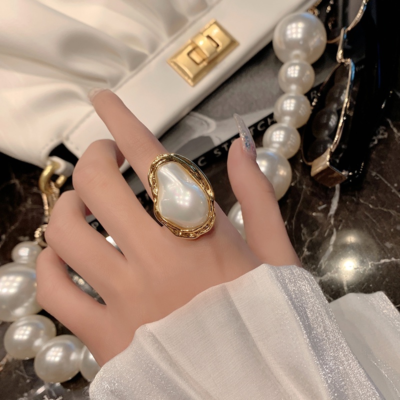 Cincin Model Terbuka Dapat Disesuaikan Desain Kerang Mutiara Gaya Retro Korea