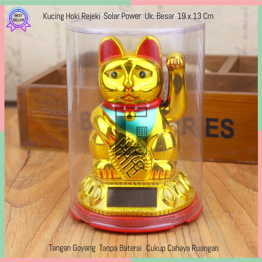 Boneka Patung Hiasan Dekorasi Pajangan Kucing Hoki Keberuntungan Lucky Cat Rejeki Maneki Neko Maneko Neki Emas Gold Tangan Gerak Goyang Baterai Batre Batrai Batrei Non Solar Listrik Jepang Cina China Meja Kasir Toko Size Ukuran Kecil Sedang Medium Besar