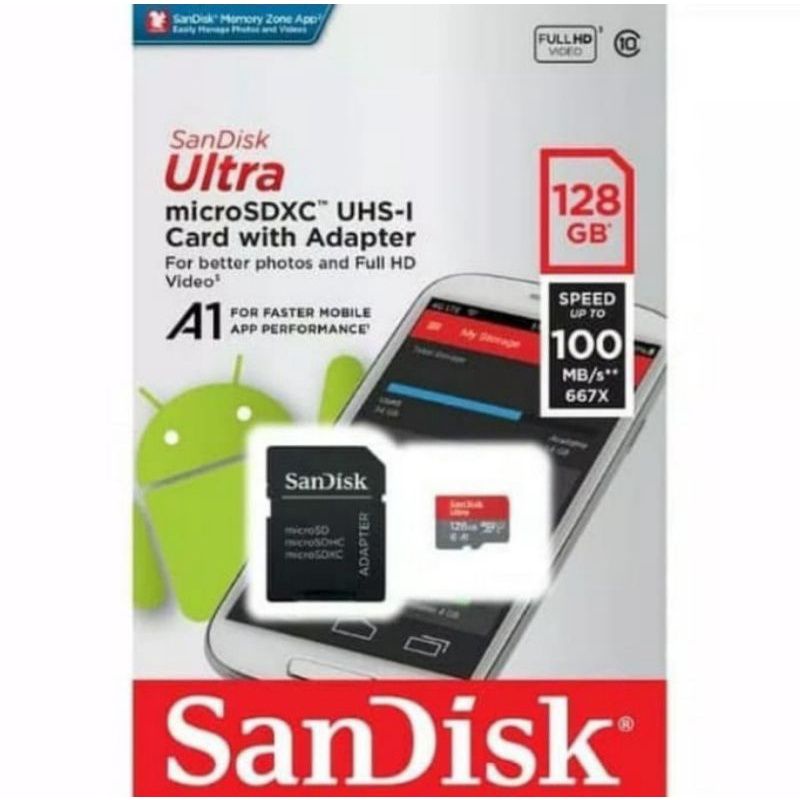 Memori Card Sandisk 128GB + Adapter Ultra Class 10 Speed Up 100MB/s Mmc