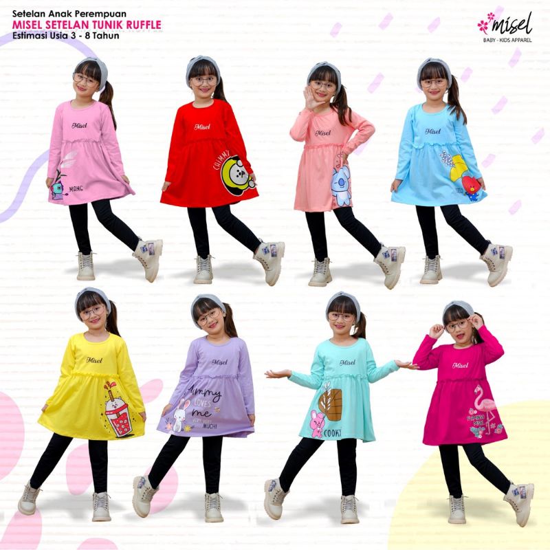 SETELAN TUNIK RUFLE MISEL set legging anak tunik ruffle usia 3 4 5 6 7 8 TAHUN baju ngaji maen haria