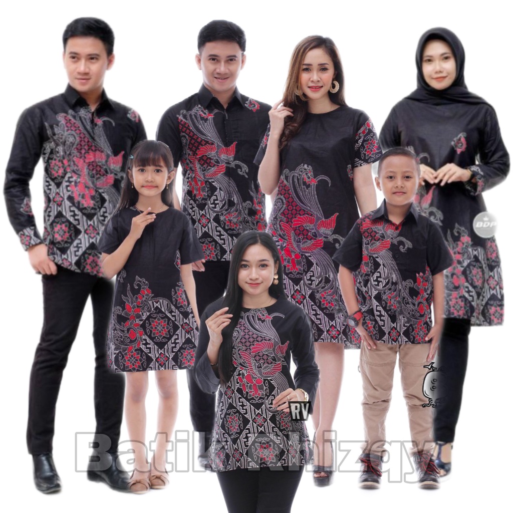 Batik Couple Set Pakaian Keluarga Family Katun M-Jumbo Motif Banyu Kenari Hitam