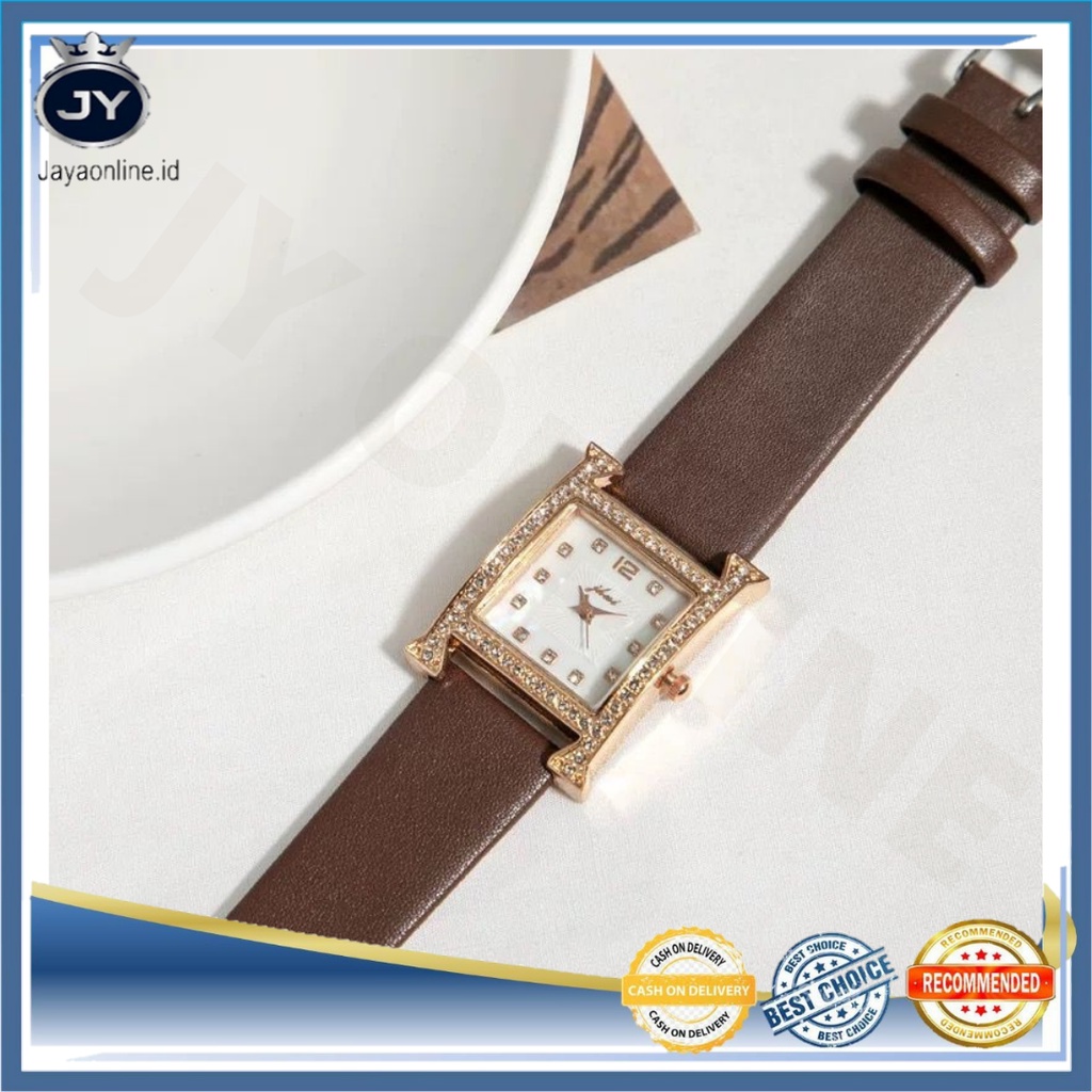 JY J034 Jam Tangan Wanita Fashion Korea Analog Quartz Bahan Kulit Bentuk H Import Murah