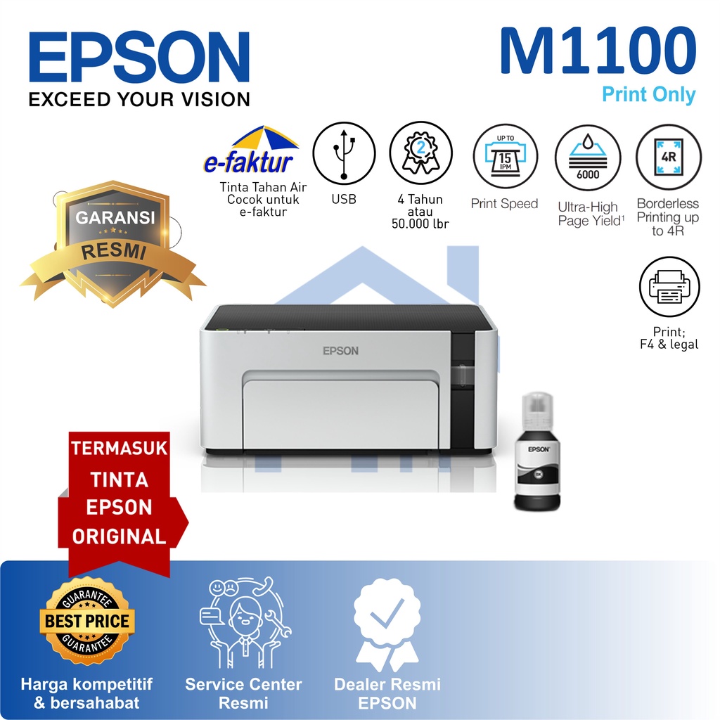 PRINTER EPSON M1100 EPSON M-1100 M 1100 MONOCHROME INKJET Pigment Tahan Air E-Faktur