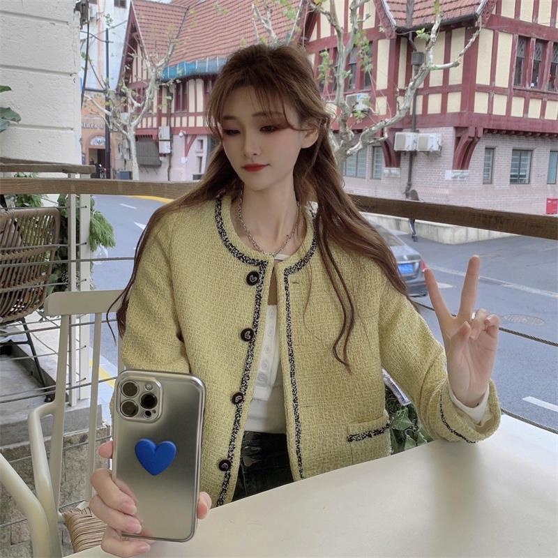 jaket korean style wanita yellow small tweed short coat spring French retro lady style