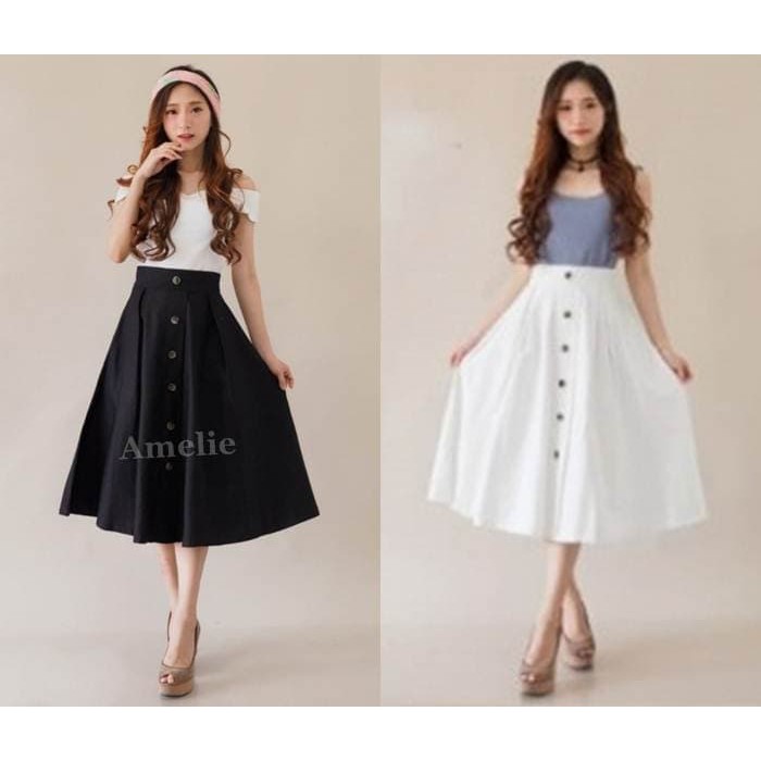 ROK MIDI    Rok Panjang Midi Lebar Flare Skirt Korea Import AB50771 Hitam Putih    IWAZAH OFFICE