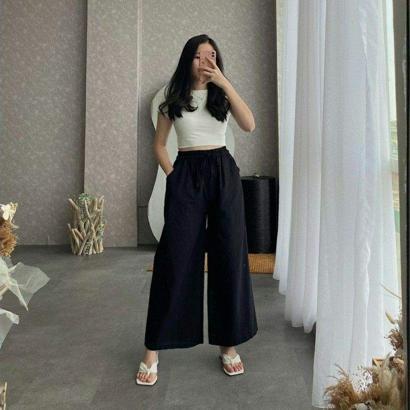 Celana KULOT LINEN All Size Pinggang Full karet model Highwaist Pakai Tali