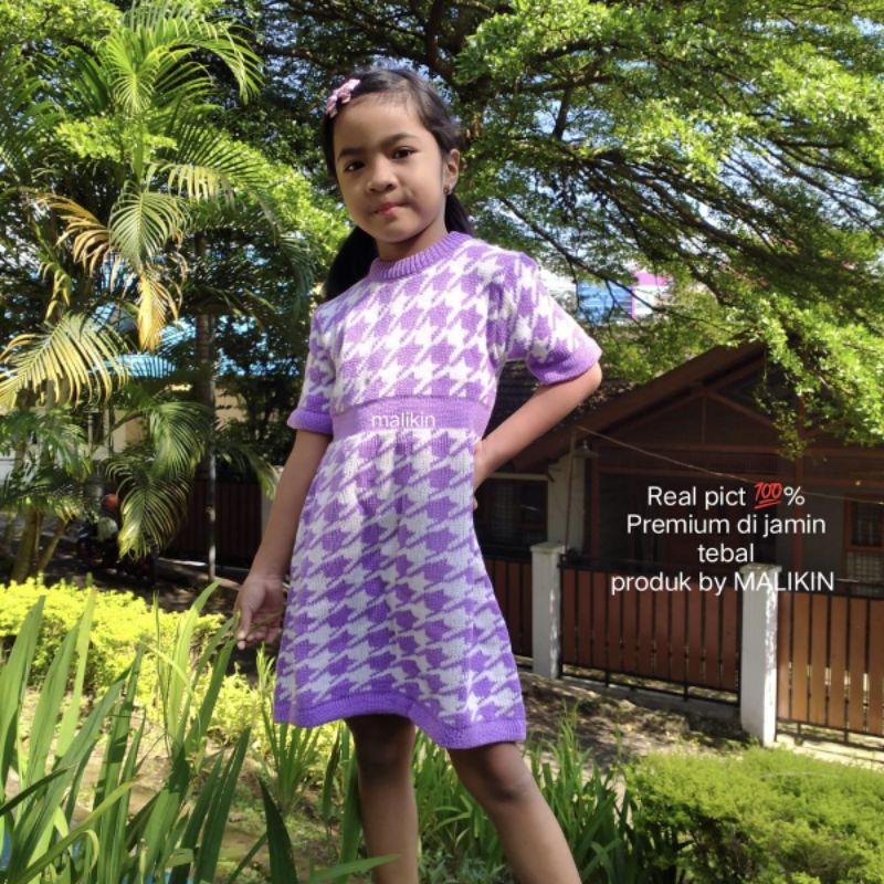 MALIKIN DRESS ANAK HOUNDSTOOTH 4-5-6 TAHUN/DRESS ANAK/DRESS RAJUT ANAK