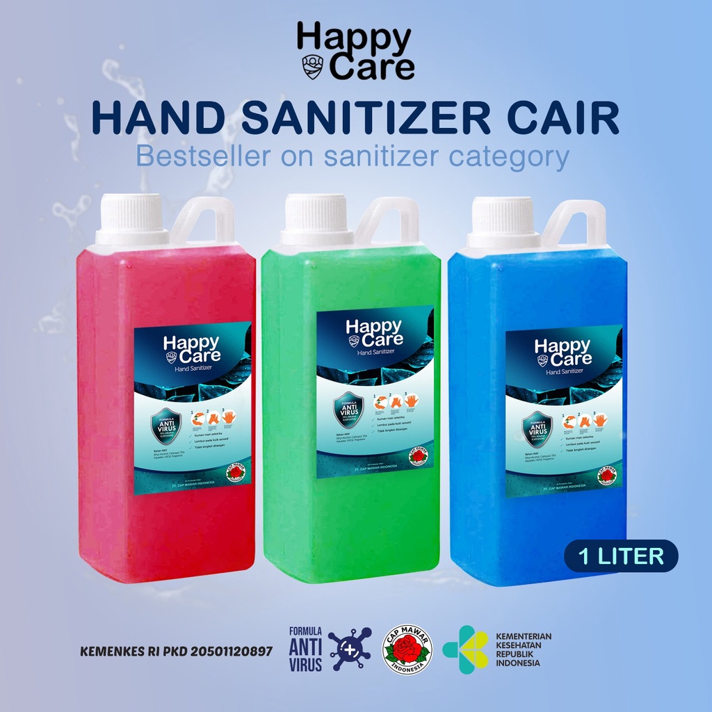 Hand Sanitizer Cair Happy Care alkohol 70% 1 liter IZIN KEMENKES