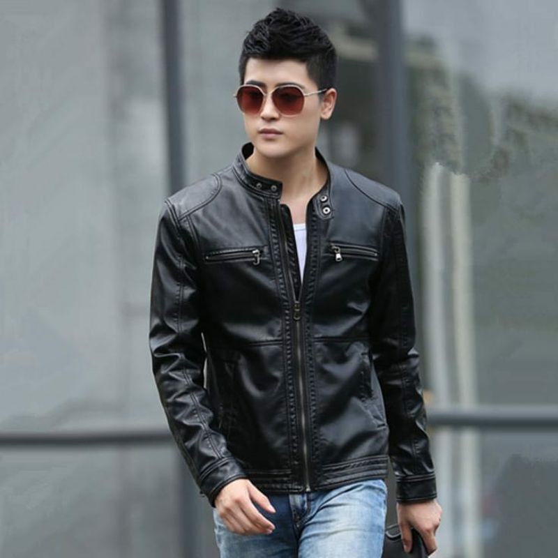 Premium Jaket Kulit Pria Coklat Jaket Cowok Terlaris Simpel Motoran Trend Line Fashion vector