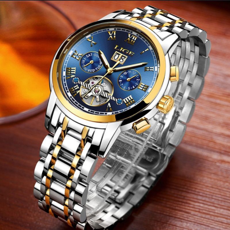 Jam Tangan Pria LIGE Multifunctional Automatic Mechanical Watches Men