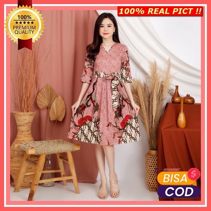 Baju Dress Wanita Remaja Trendy Kekinian Terbaru 2021 Gaun Pesta Natal Dress Batik B118 Dusty Pink