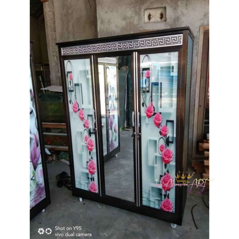 Almari Baju 3 Pintu Kaca Cermin Motif Bunga Alumunium