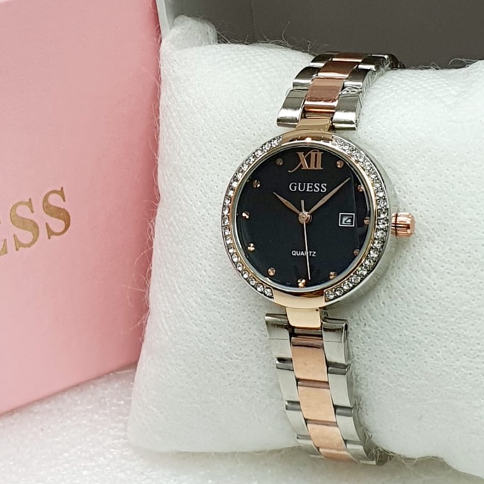 BEST SELLER JAM TANGAN WANITA GUESS I85 TALI RANTAI TANGGAL AKTIF DM 3.3CM FREE BOX  || JAM TANGAN FASHION WANITA GUESS BODY MOTIF