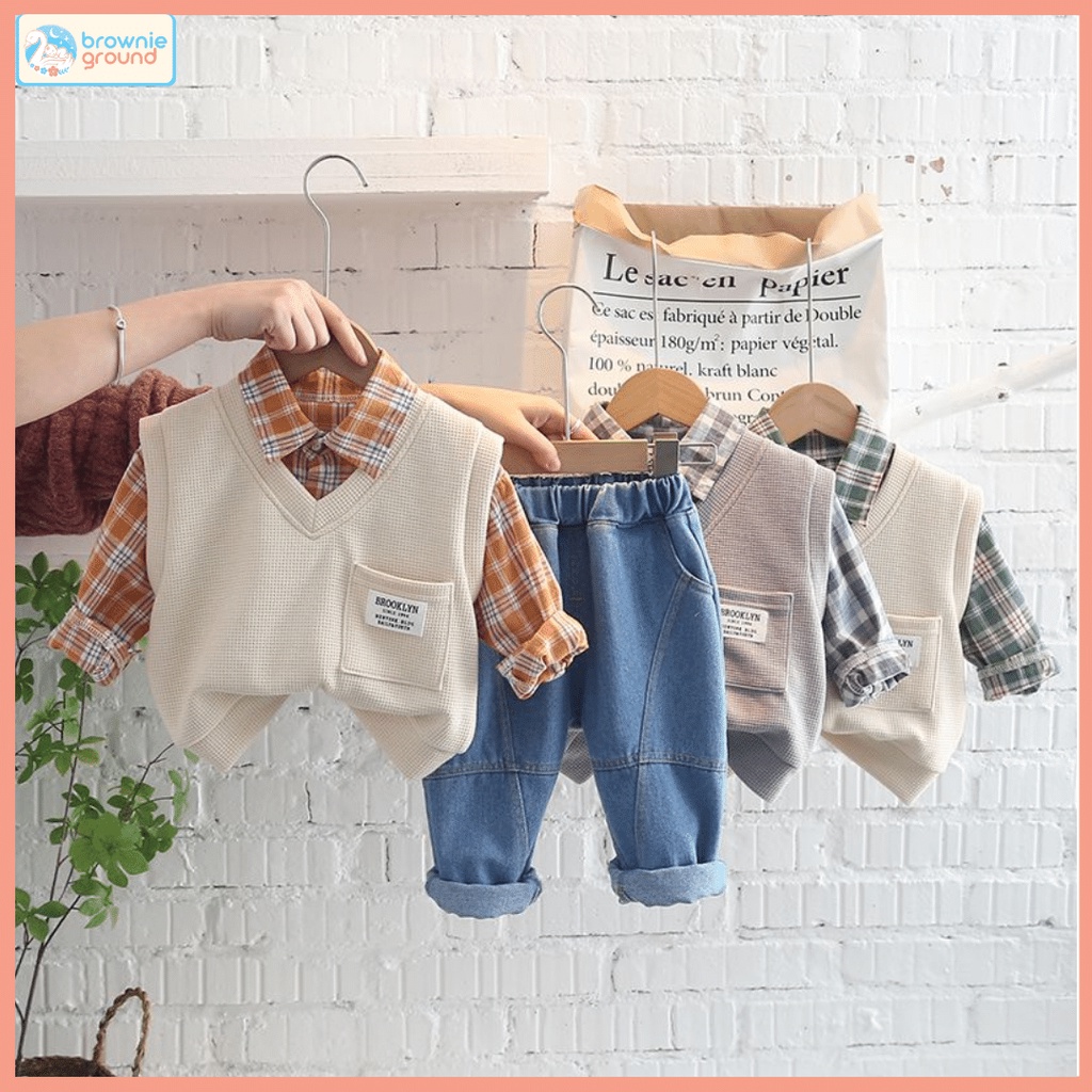 [COD] setelan MOTIF BROOKLYN GREY &amp; CREAM /setelan anak laki-laki / setelan import premium/usia 0-4 tahun/Brownieground