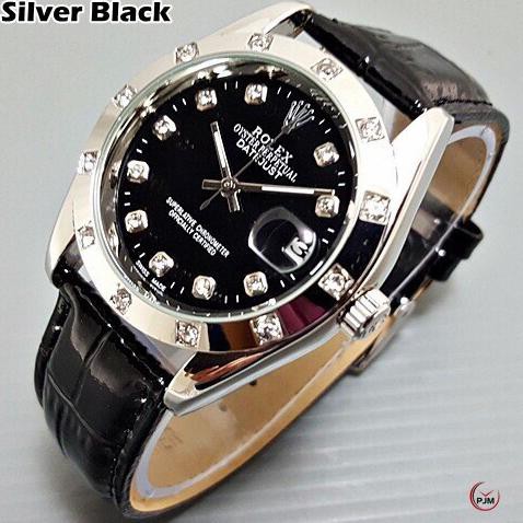 Jam Tangan Pria Rolex Automatic Gmt Kulit - Silver Black