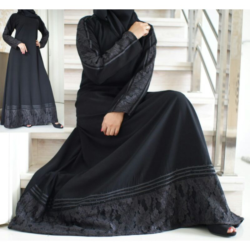 Abaya Brokat bawah full hitam super mewah