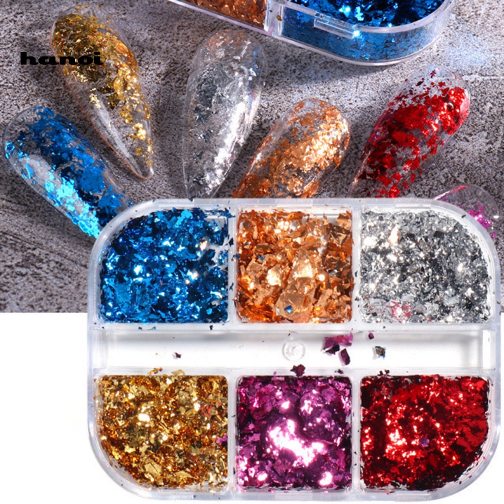 Han 1 Kotak Payet Glitter 6 Sekat Untuk Dekorasi Nail Art / Manicure DIY