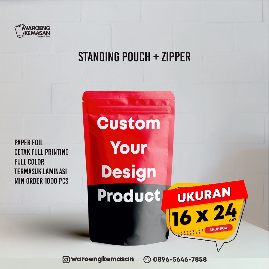 Custom Kemasan Standing Pouch Zipper Paper Foil 16 x 24 cm
