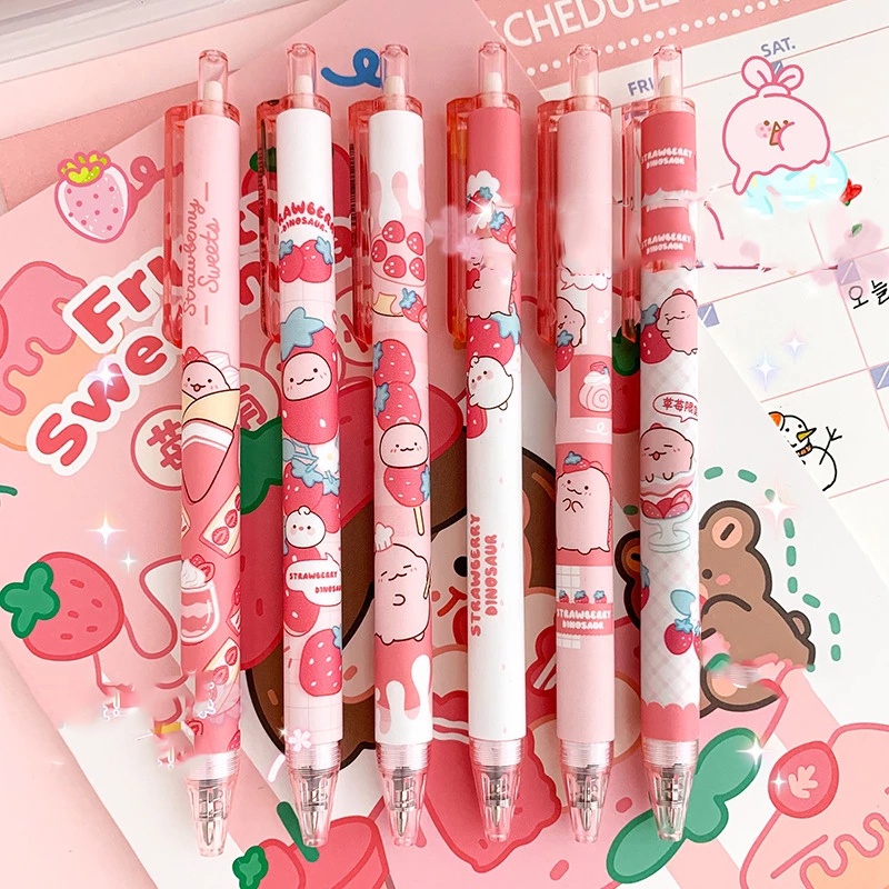 1pc Pulpen Gel Tekan Motif Dinosaurus Warna Pink Untuk Stationery Sekolah / Kantor