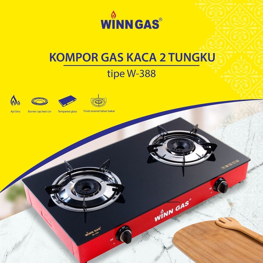 Winn Gas Kompor Gas 2 Tungku Lapis Kaca W-388 &amp; Paket Kompor Selang Regulator W88/W900