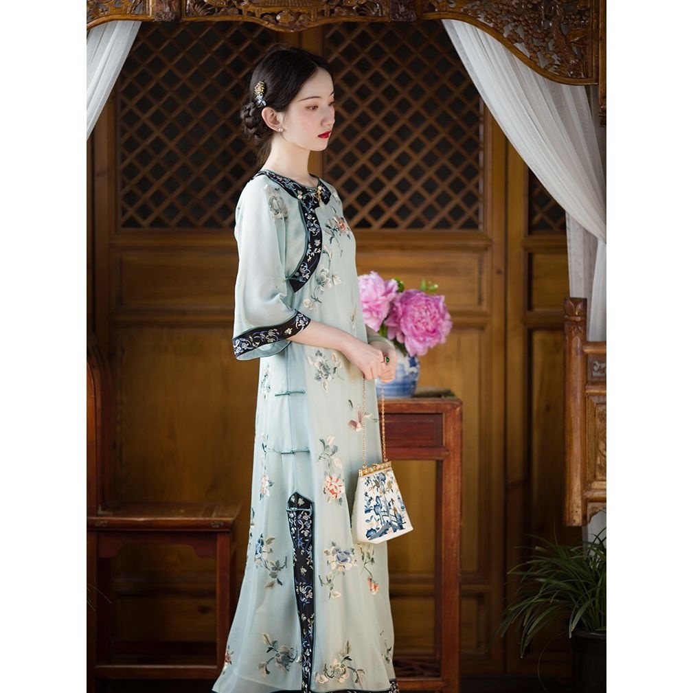 Qingfeng Ruo die - 2022 summer new style - imitation Wanqing antique clothes, retro collarless inver