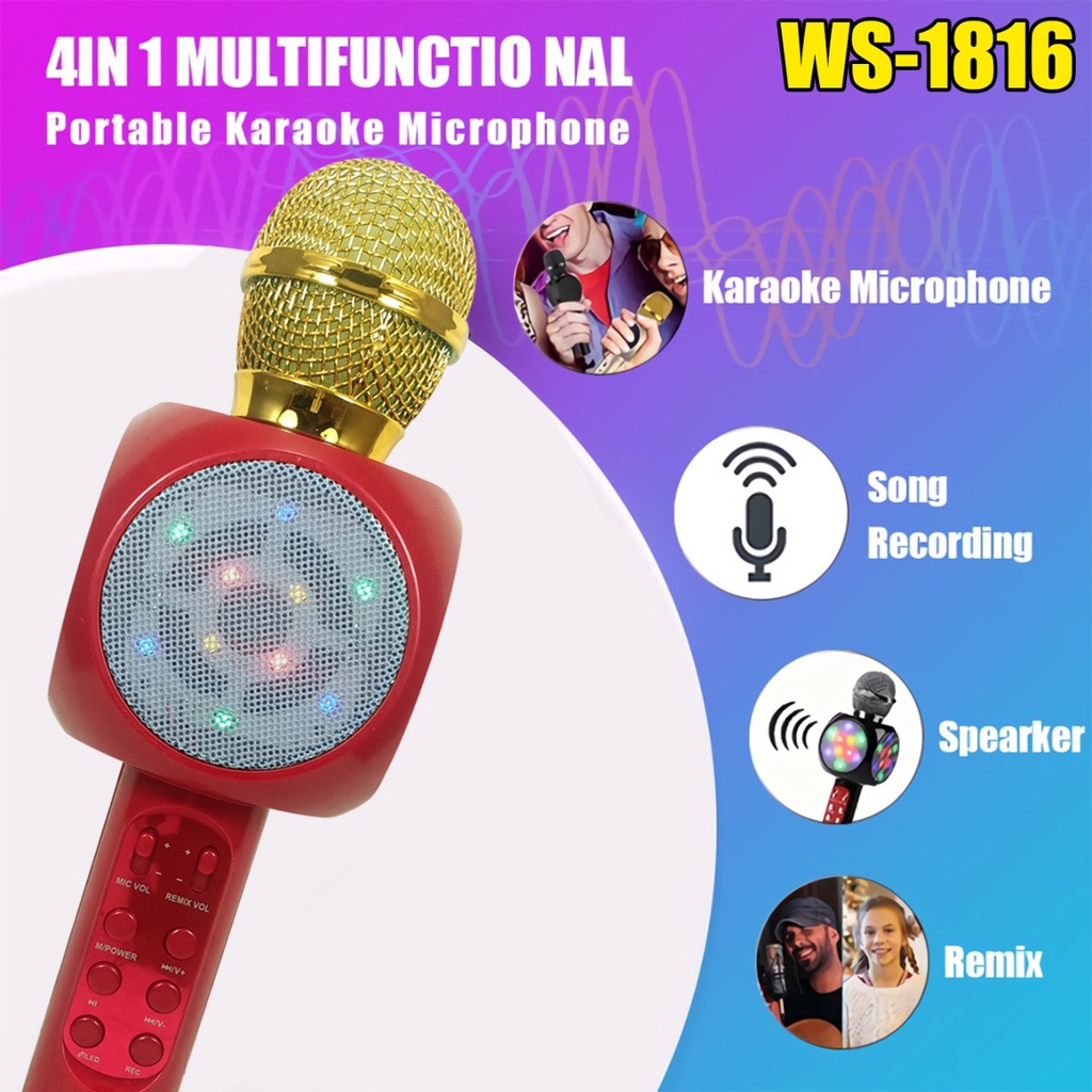 Mic Smule KTV Karaoke MP4 Microphone Wireless Portable Bluetooth LED WSTER WS1816 , WS-1816