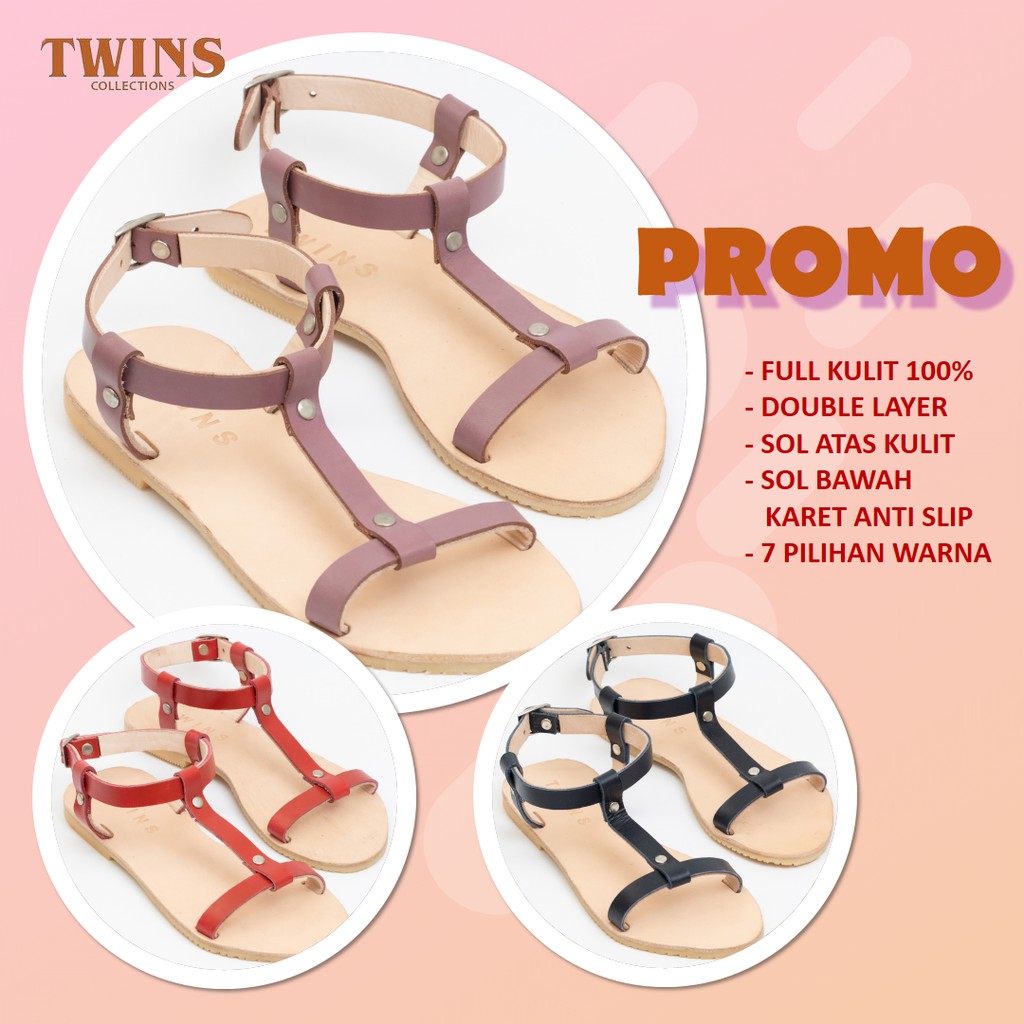 PREMIUM Sandal Kulit Asli Wanita Terbaru 2021, Sendal Kulit Model Sandal Teplek Kulit TWINS TS006