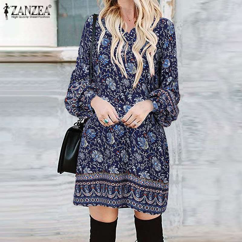 ZANZEA Women Bohemian Floral Printed Mini Dress Spring Long Sleeve Loose Beach Sundress Casual Vinta