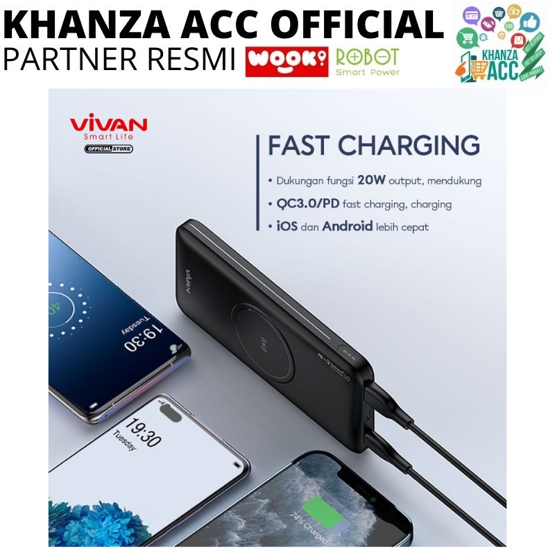 KHANZAACC VIVAN VPB-W11 Powerbank 10000mAh Wireless 3 Output Fast Charging 18W