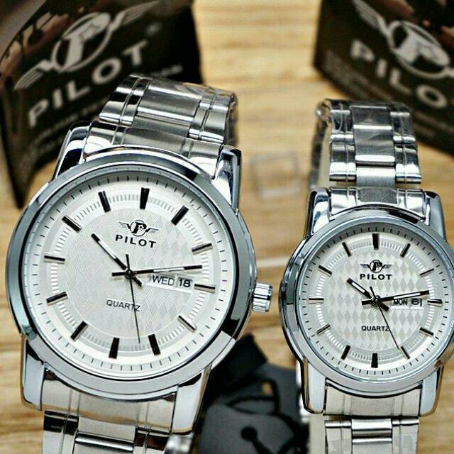 Jam Couple ORIGINAL Pilot   Asli Water Resist   Rantai   Hitam Silver   Jam Pasangan Pria Wanita