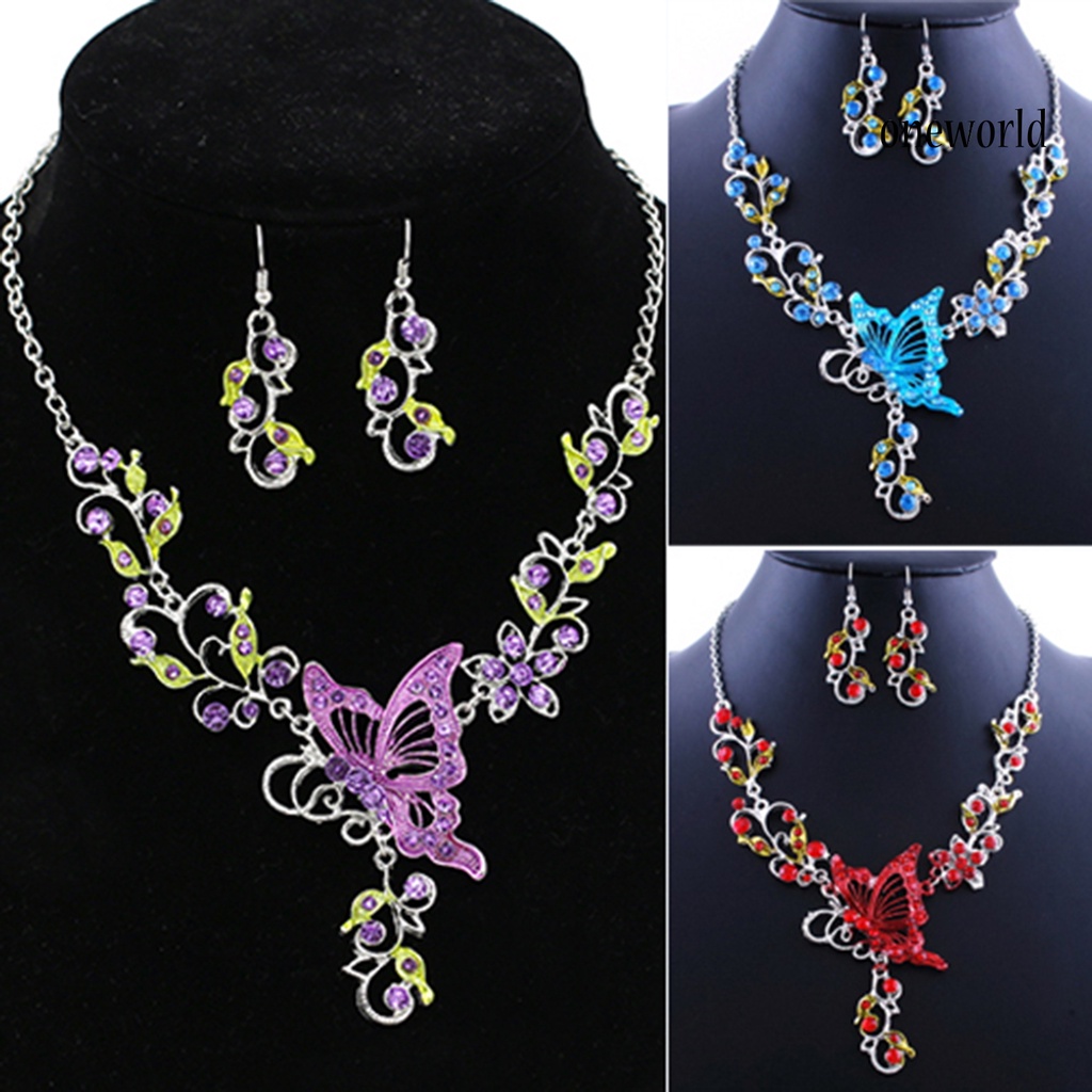 OW@ Lady Bridal Vinatge Butterfly Flower Bib Statement Necklace Earrings Jewelry Set