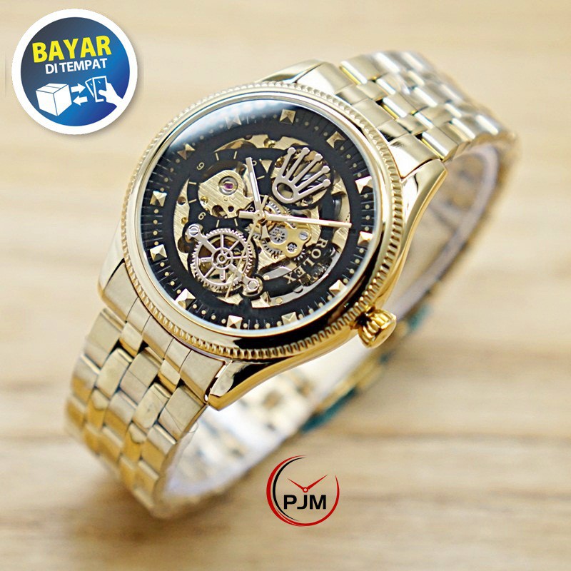 Rolex Automatic New Model GOLD | Emas | FULL GOLD Jam Pria Skeleton Transparan Otomatis Matic Besar