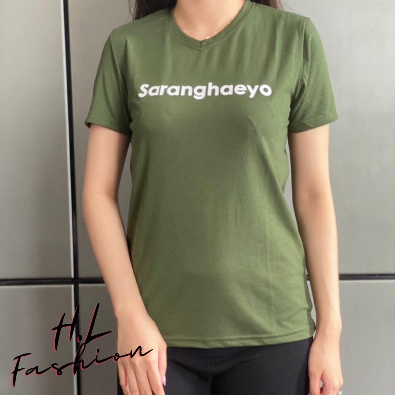 Kaos wanita leher V tangan model “Saranghaeyo”