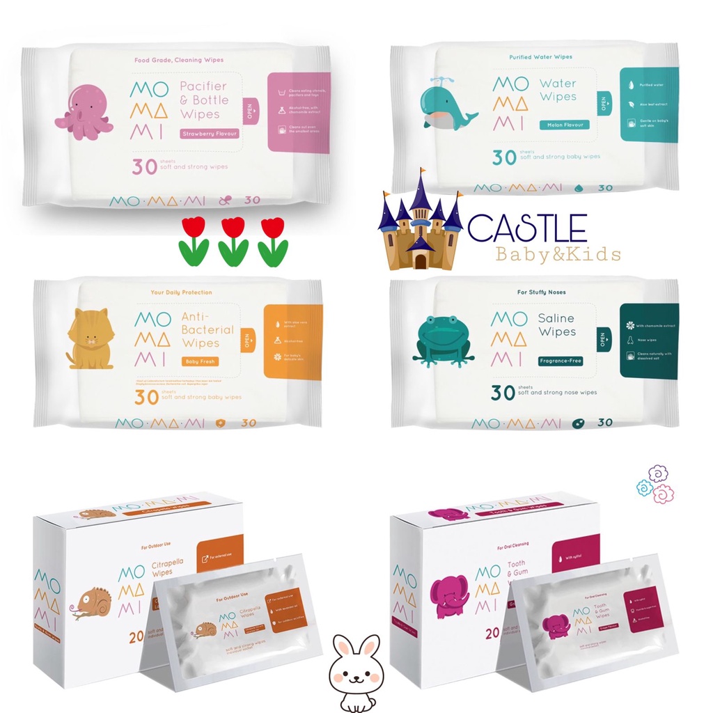 Castle - MOMAMI Pacifier &amp; Bottle Wipes - Water Wipes - Anti Bacterial Wipes - Saline Wipes - Tooth &amp; Gum Wipes - Citrapella Wipes - Tissu Basah MOMAMI - Tisu Basah