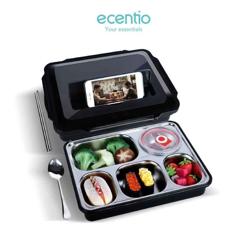 

ecentio 5 Kompartemen Kapasitas Besar/Kotak Makan Stainless Steel 304/1200ml+300ml Mangkuk sup/Hitam