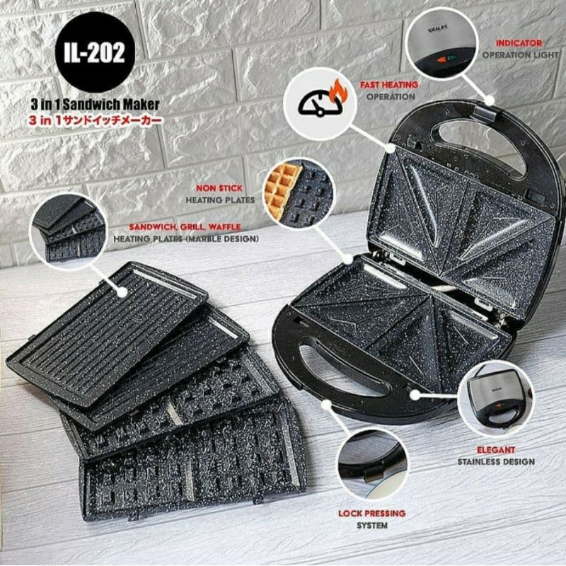 Panggangan Roti 3in1 IDEALIFE IL202 - Sandwich Maker Pemanggang IL-202