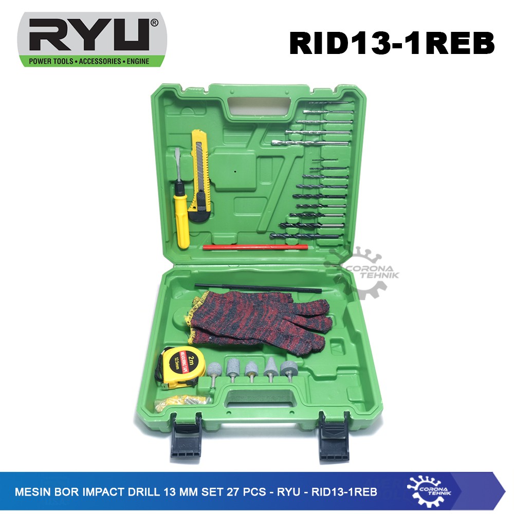 Ryu - RID13-1REB - Mesin Bor Impact Drill 13 mm Set 27 Pcs