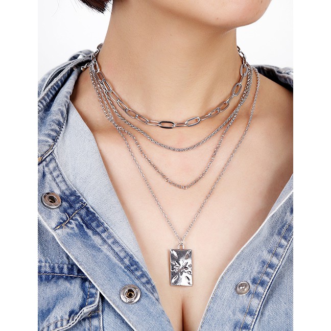 LRC Kalung Fashion Silver Color Rectangular Starburst Alloy Multilayer Necklace K96354