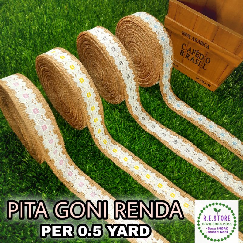 

PER 0.5 YARD• Pita Goni Renda Lebar 2.5 cm Motif Renda Aster 4 Warna◇Burlap Ribbon with Lace Pita Rami Tali Goni Tali Rami Rustic Gift Wrapping