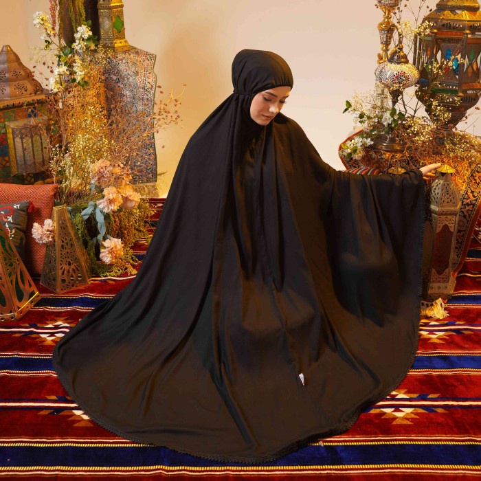 Mukena wanita Mukena Jumbo Tatuis Shiva 093 Katun Rayon Polos Renda Putih Hitam Adem - Hitam jumbo t