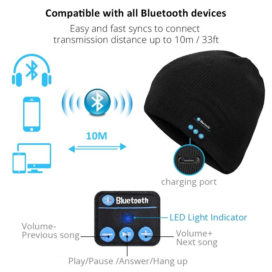 Topi Kupluk Bluetooth USB Recharger Handsfree Call Waterproof Simple