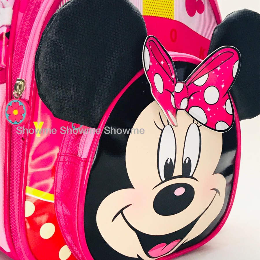 SHOWME TAS RANSEL ANAK SEKOLAH  13 INCH/ 33CM- TK - 3D - MINNI - 3 KANTONG - CUTE PINK - KUPING NONGOL- MINi MOUSE PINK PREMIUM KEPALA SLETING KARET