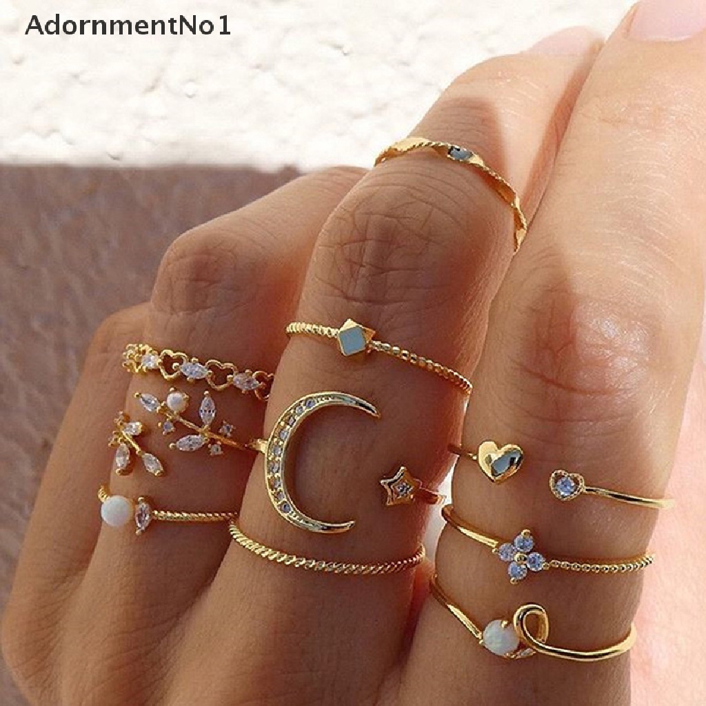 (AdornmentNo1) 10pcs / set Cincin Gaya Bohemian Motif Bulan / Bintang Untuk Perhiasan Wanita / Anak Perempuan