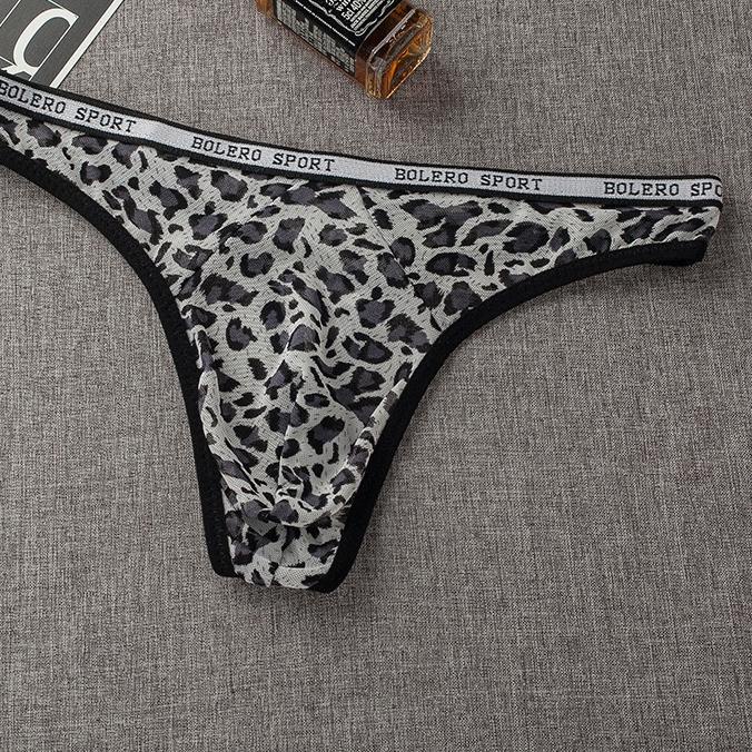 ☆ G String Pria Seksi Low Waist Transparan Mesh Celana Dalam Pria Leopard Pola U Segitiga Thong Y055