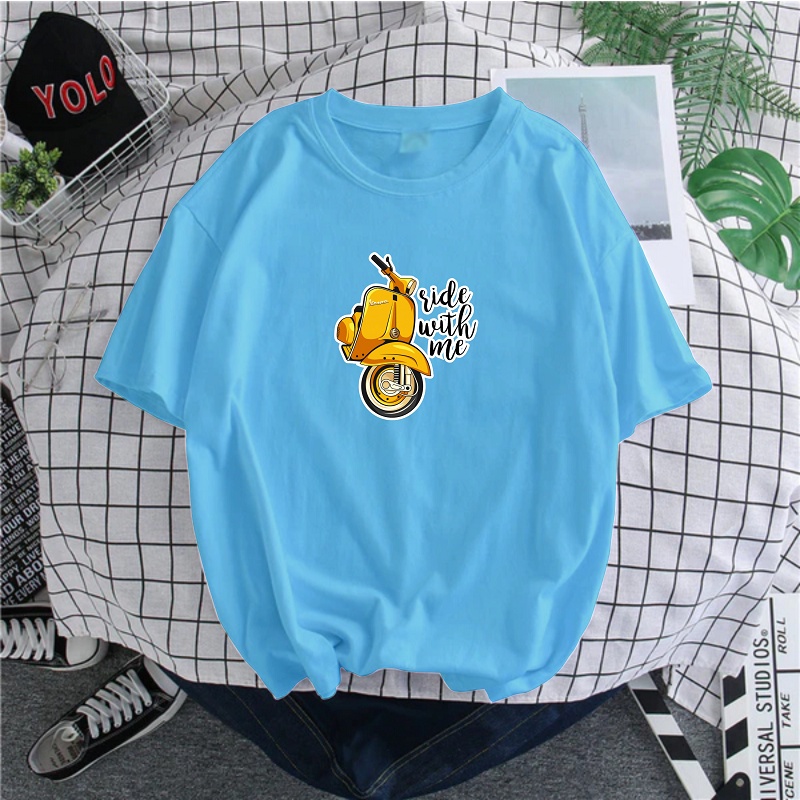 Kaos Distro Dewasa Ride With Me Skuter Kuning Sablon Digital