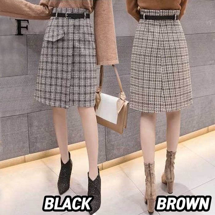 KARAKOREA 8932 Harper Skirt + Belt/Rok autumn/Midi Skirt/Rok kerja/Rok Korea Skirt