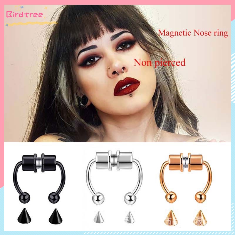 1 pasang tindik palsu di hidung tindik hidung magnet COD Cincin Hidung Palsu Mode Baja Tahan Karat Septum Magnetik U Bahan Unisex