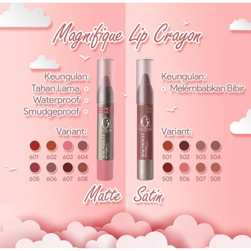 MADAME GIE Magnifique Lip Crayon Satin Indonesia / Primer BB Foundation Loose Powder Lipstick Eyeshadow Blush On Eyeliner Eyebrow Mascara Lipstick Matte Gloss Balm Kutek Facial Wash Toner Essence Serum Sunscreen Moisturizer Cream Mask Masker Lipill Paket