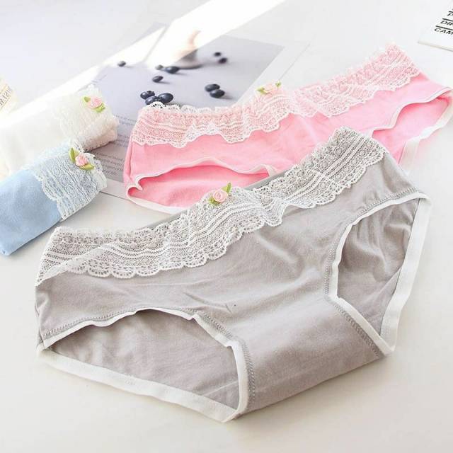 CB376 celana dalam wanita dewasa bahan katun lembut renda bunga mawar kecil